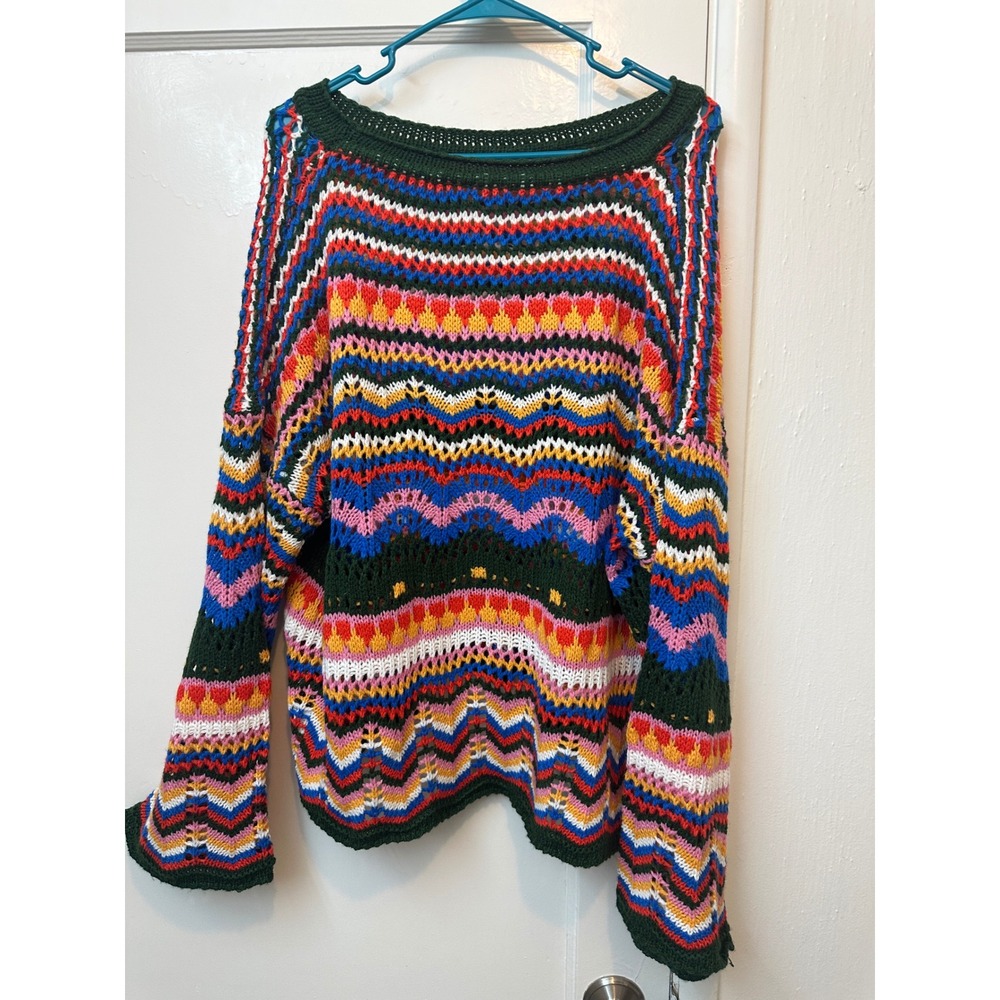 SHEIN Womens Multicolor‎ Chevron Crochet Knit Sweater Oversized Boho Size S 4